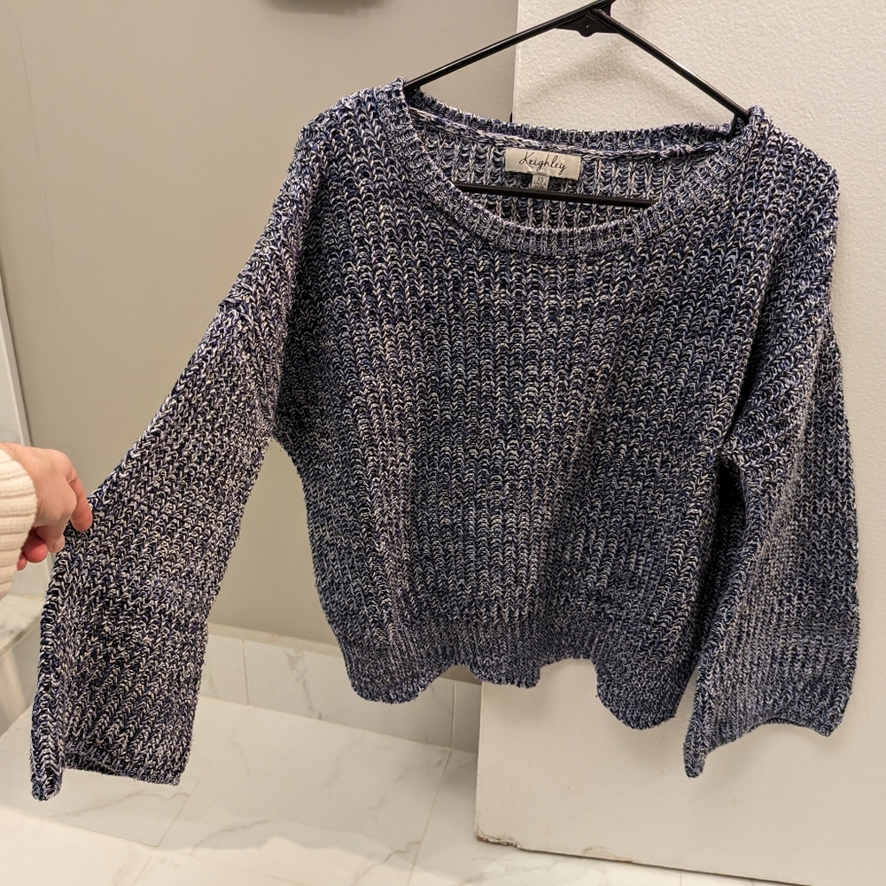 Marled Blue, White, and Black Bell Sleeved Knit Sweater, Size XS